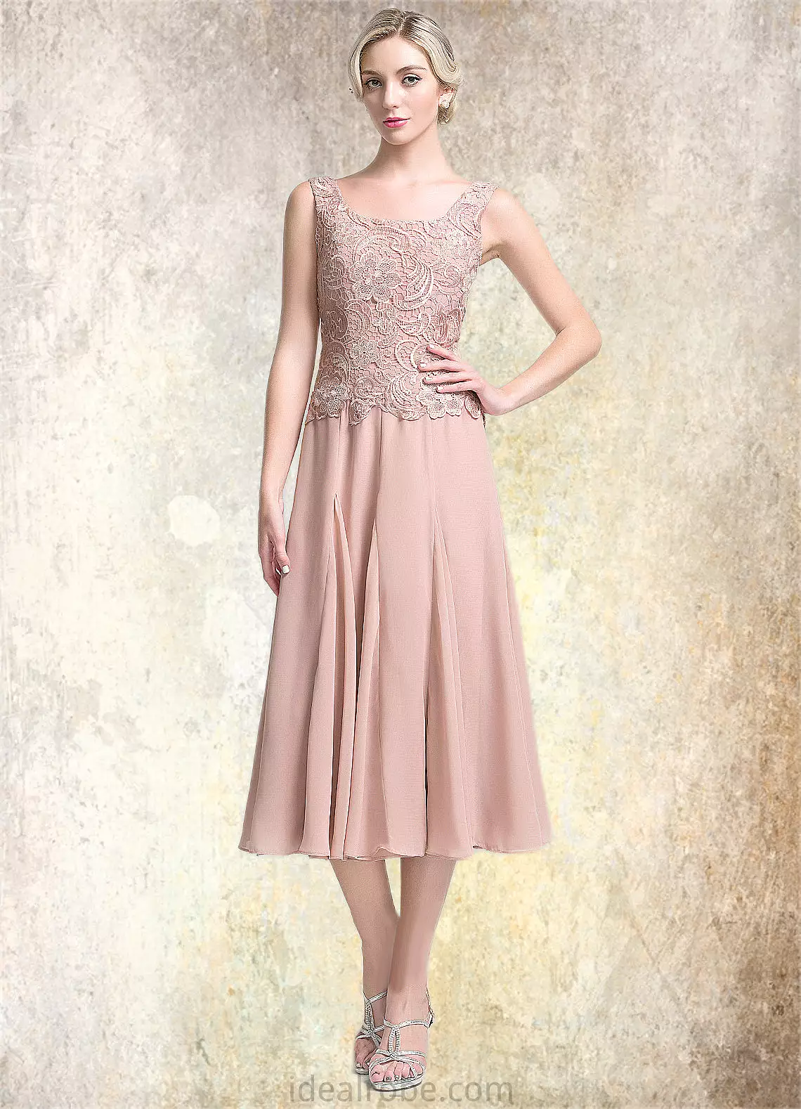 Belinda A-Line Square Neckline Tea-Length Chiffon Mother of the Bride Dress STK126P0014947