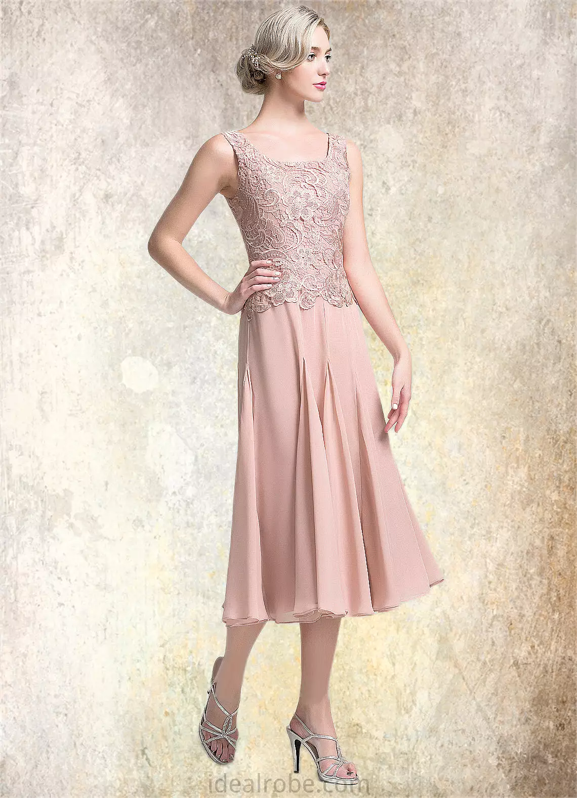 Belinda A-Line Square Neckline Tea-Length Chiffon Mother of the Bride Dress STK126P0014947