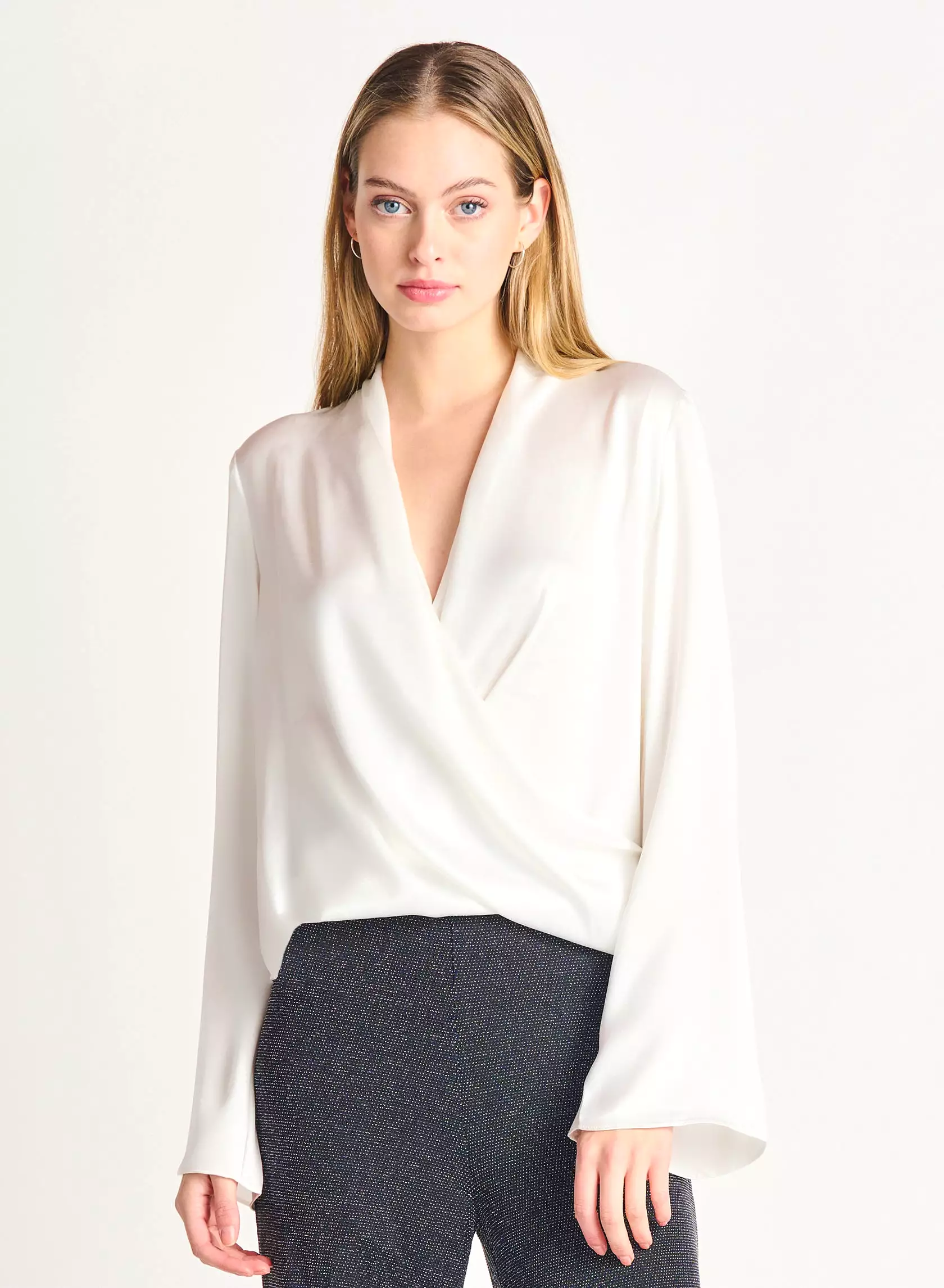 BELL SLEEVE SATIN WRAP TOP