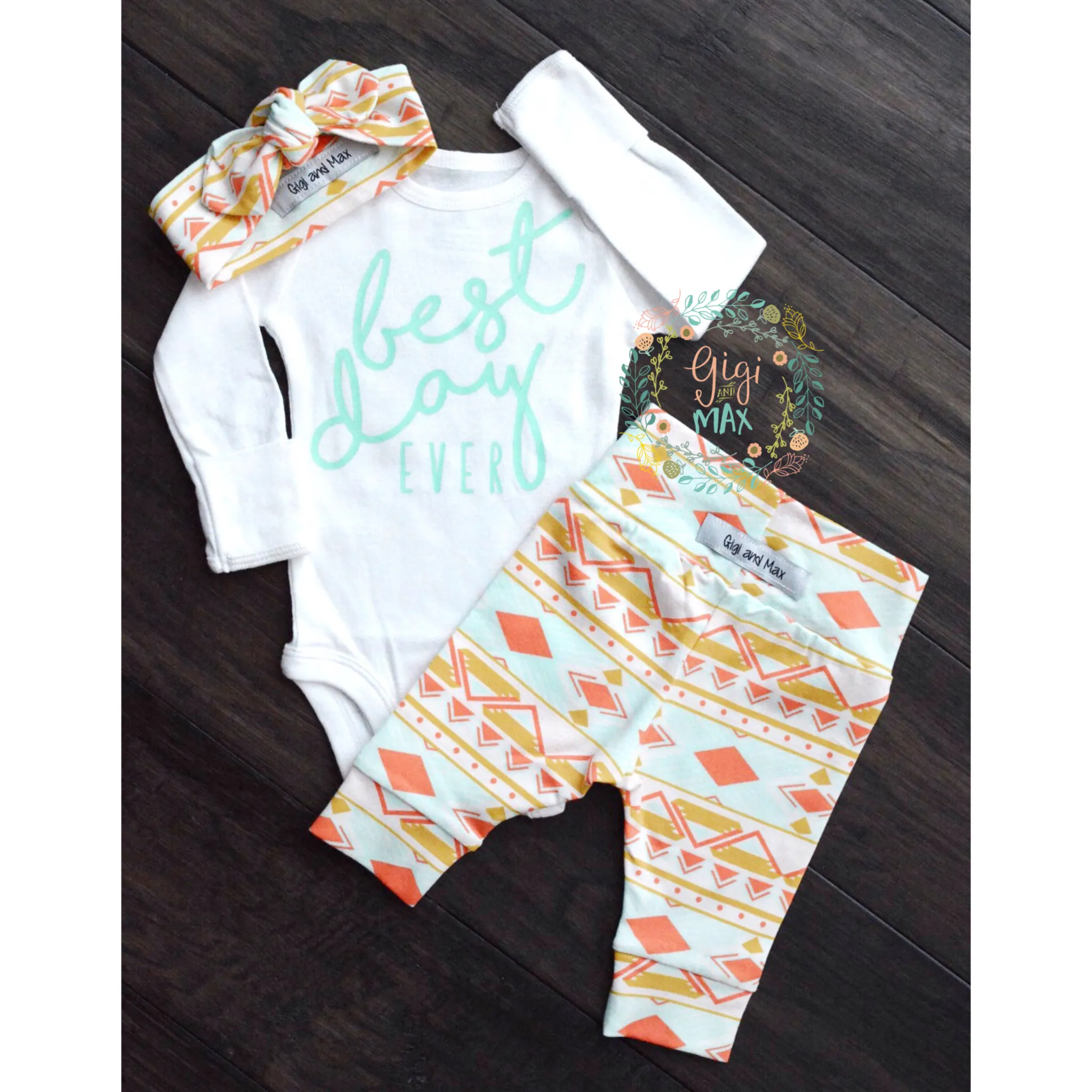 Best Day Ever Peach and Mint Aztec Newborn Outfit