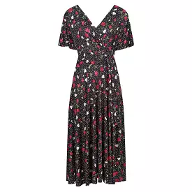 Black & White Polka Dot & Floral Print Cap Sleeve Wrap Top Swing Dress