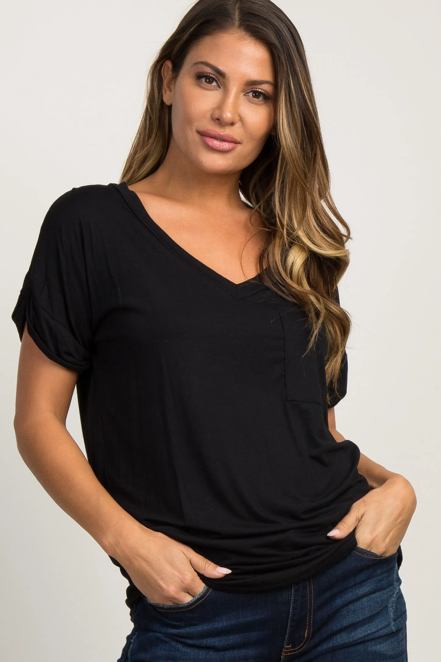 Black Basic V-Neck Pocket Maternity Top