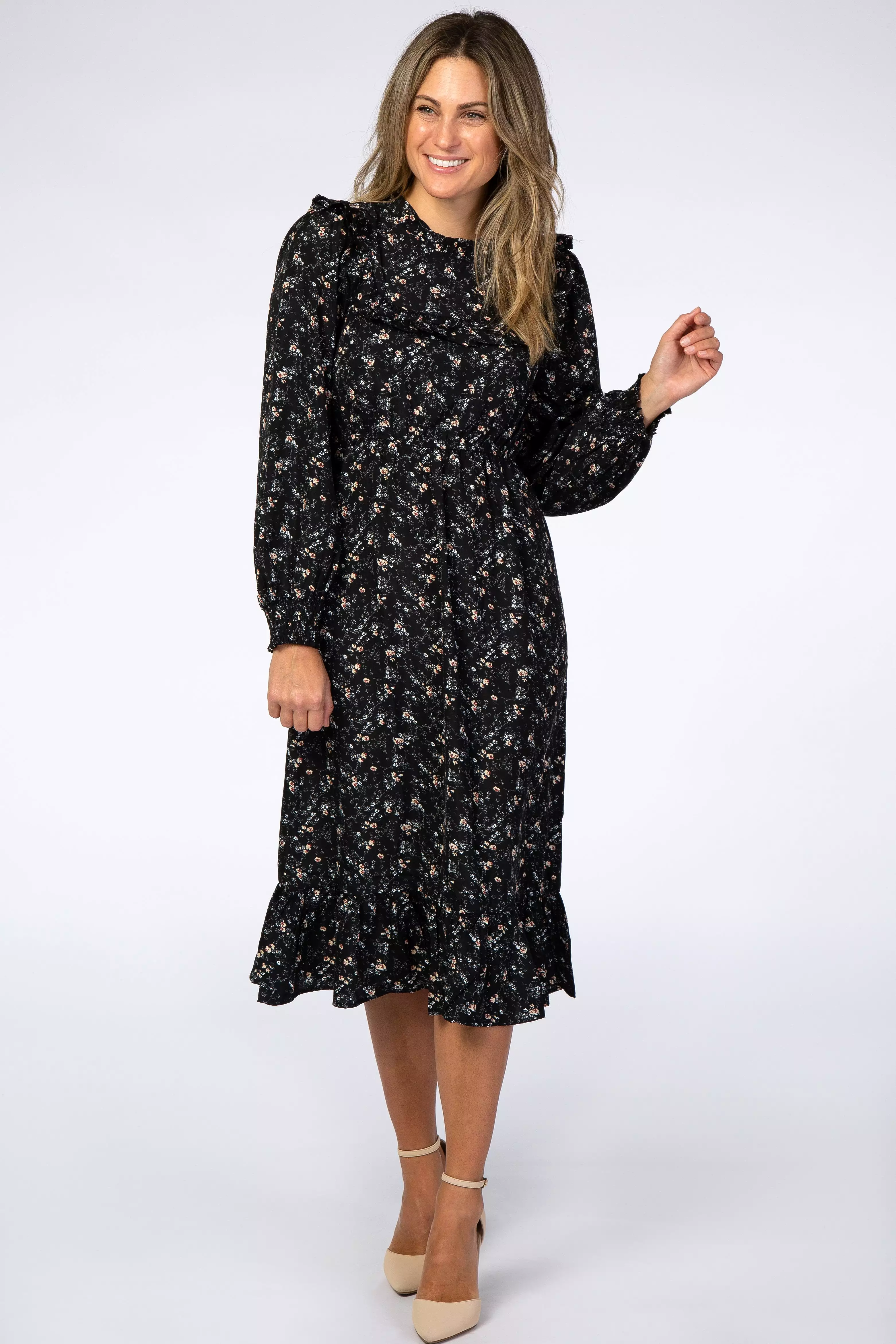 Black Floral Ruffle Long Sleeve Maternity Midi Dress