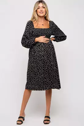 Black Floral Smocked Long Sleeve Maternity Dress