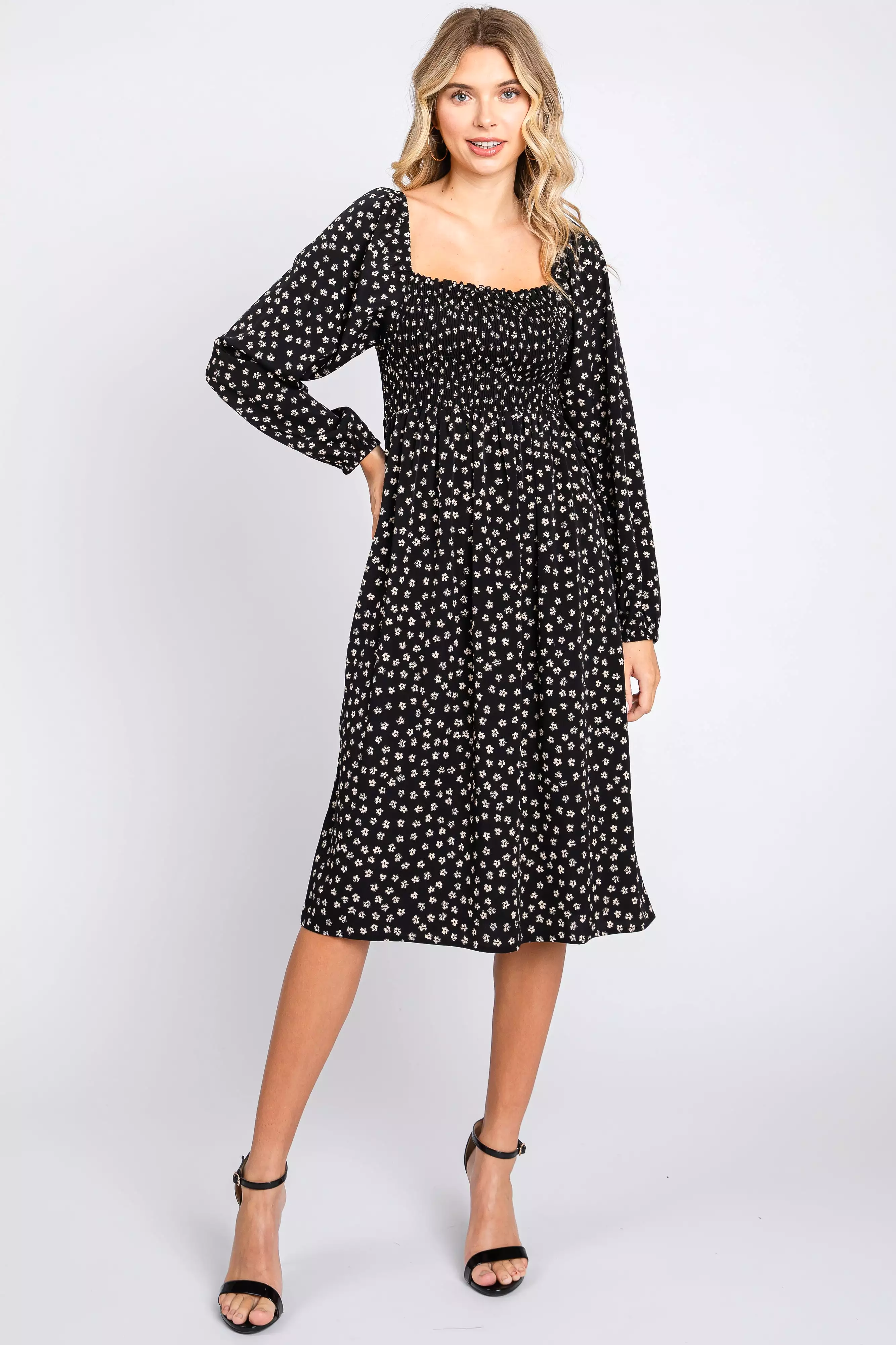 Black Floral Smocked Long Sleeve Maternity Dress