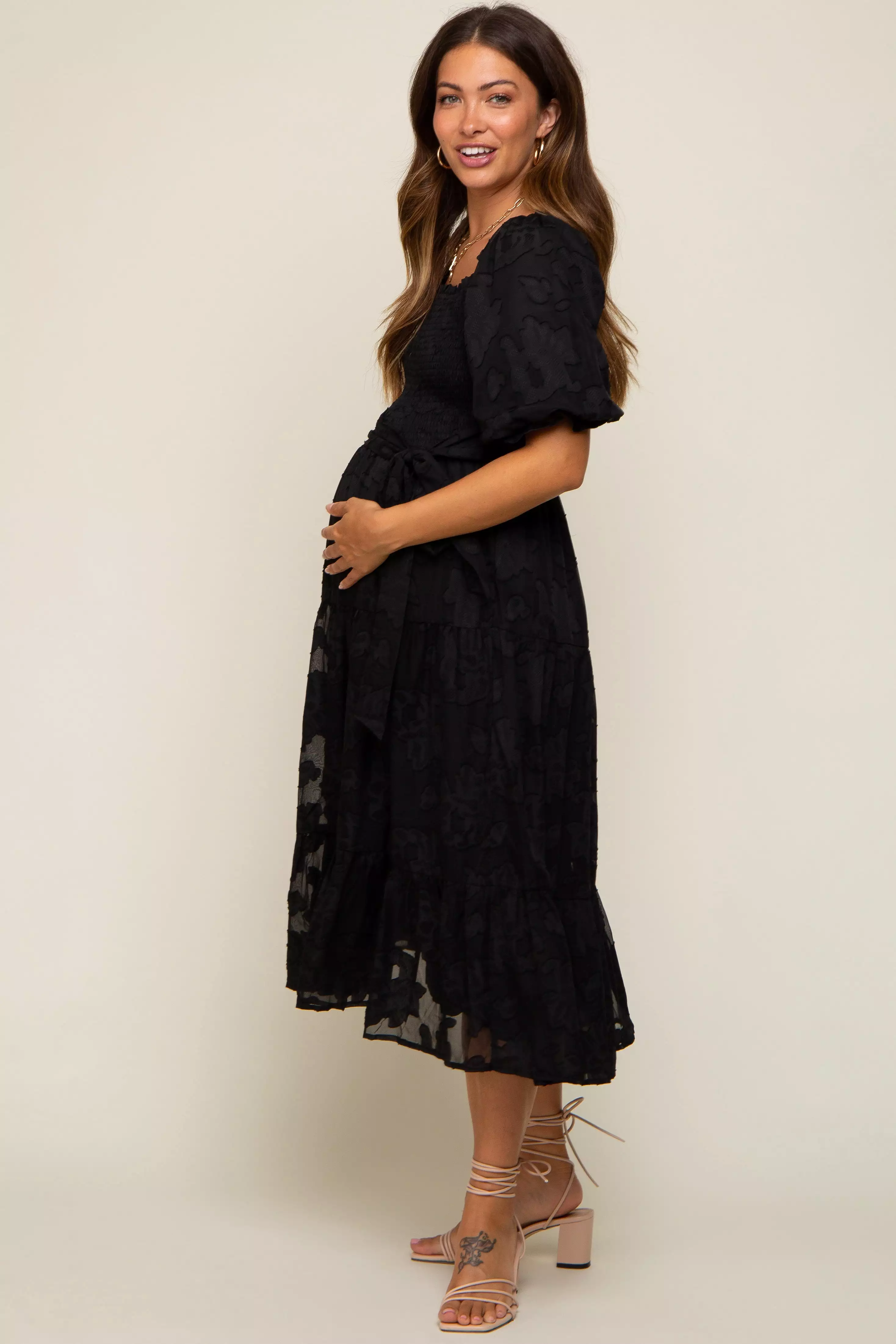 Black Floral Textured Tiered Maternity Midi Dress