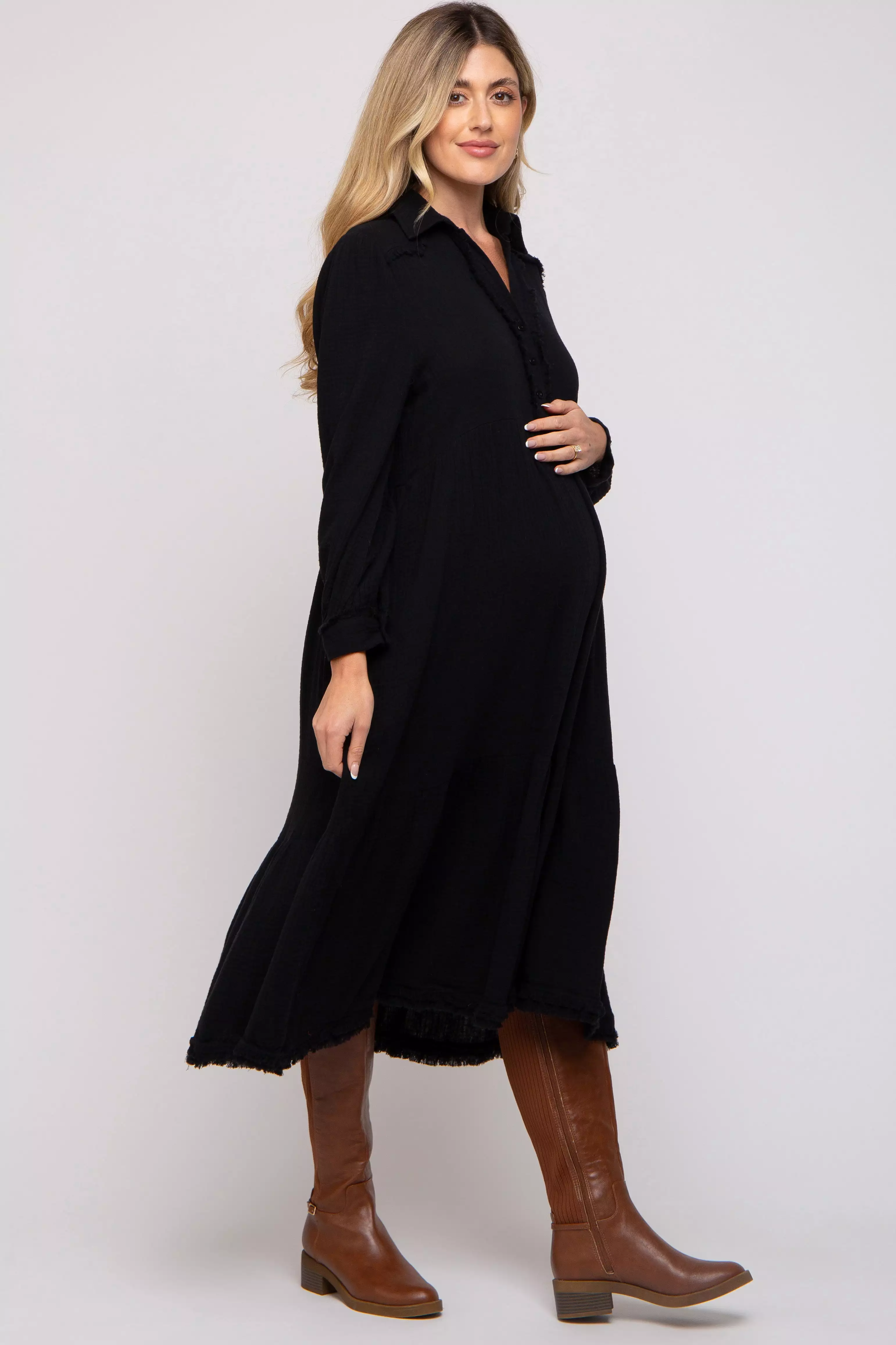 Black Fringe Maternity Midi Dress