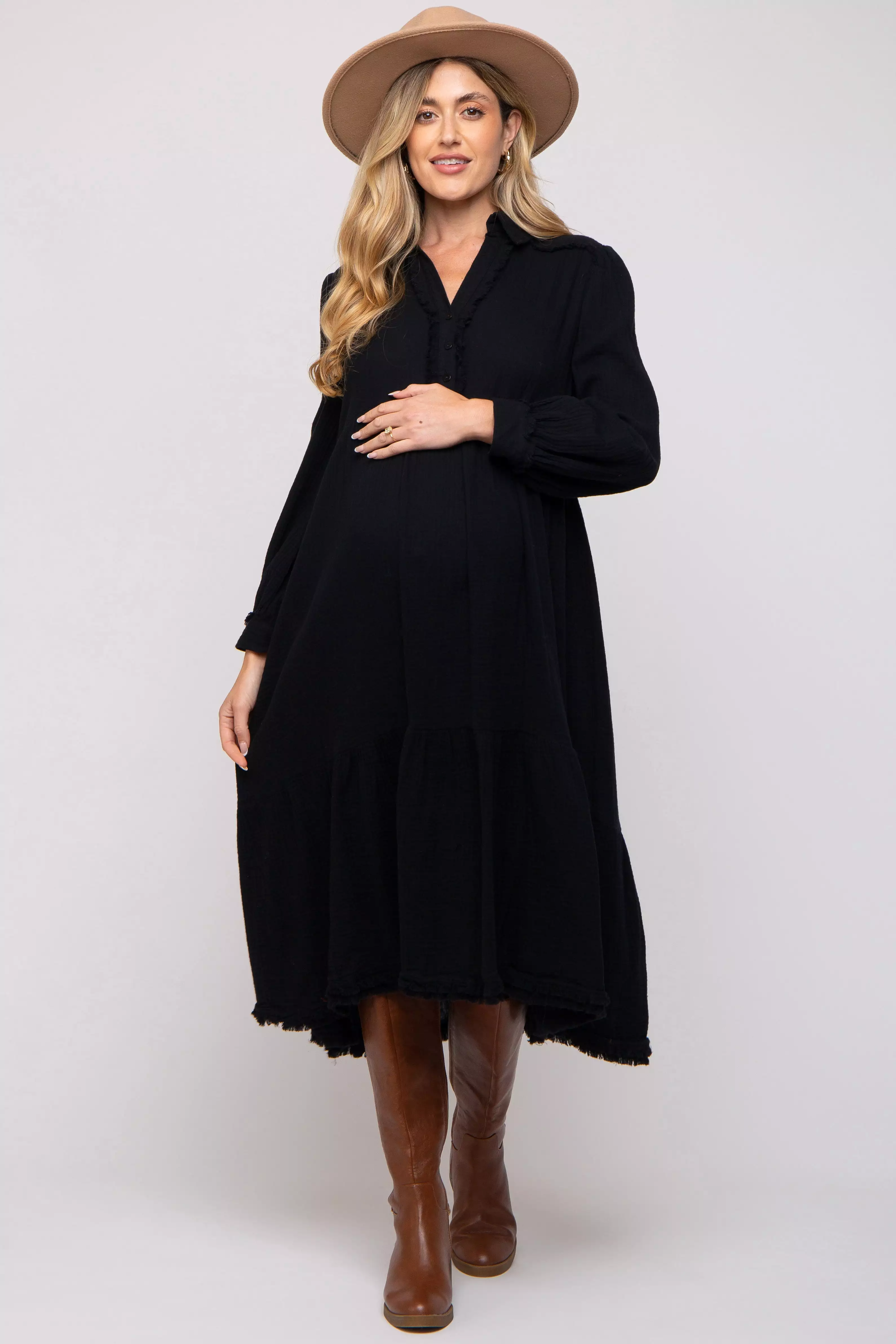 Black Fringe Maternity Midi Dress