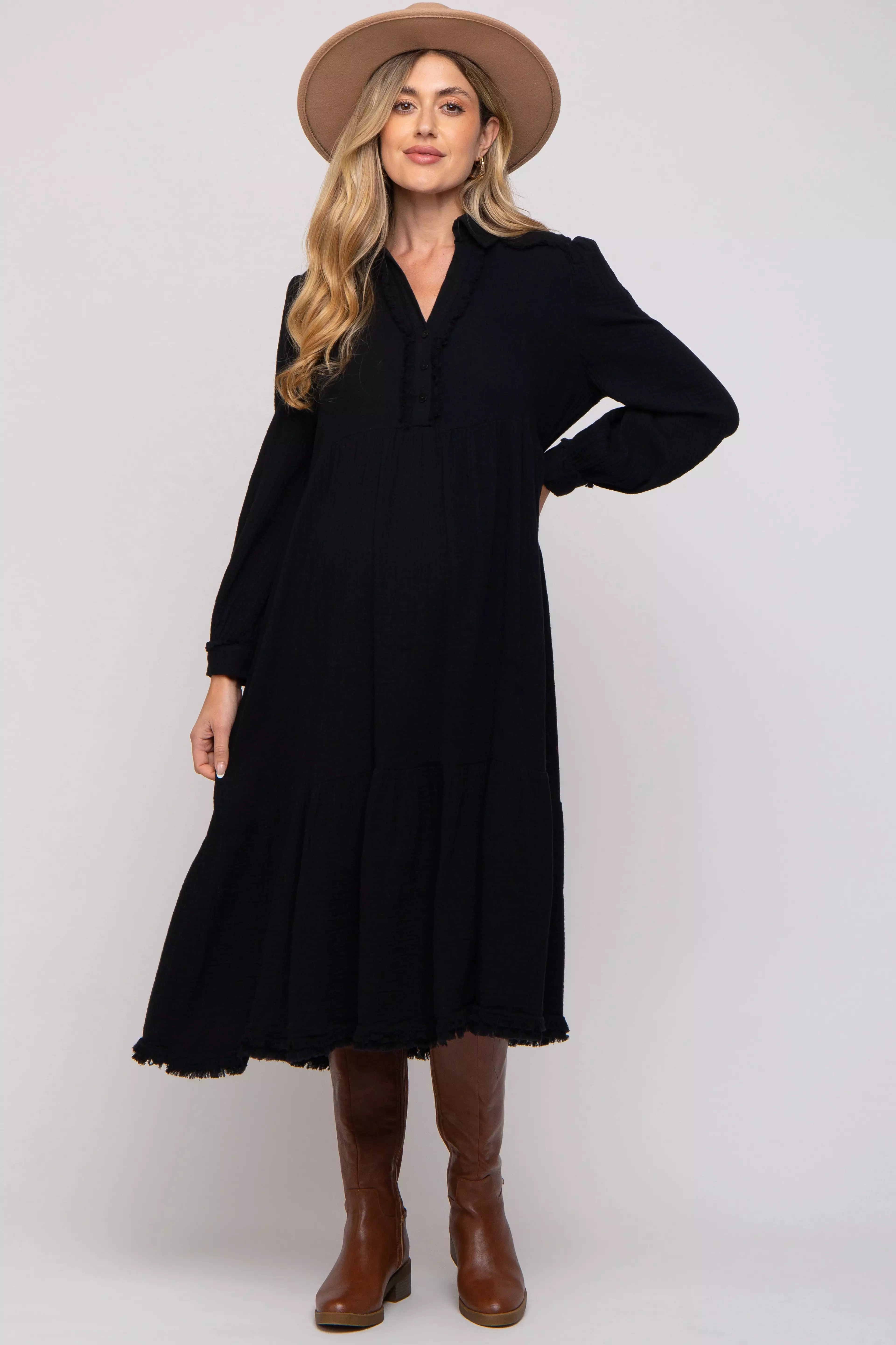 Black Fringe Maternity Midi Dress