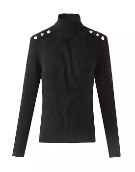 Black Knitted Buttoned Turtleneck Sweater