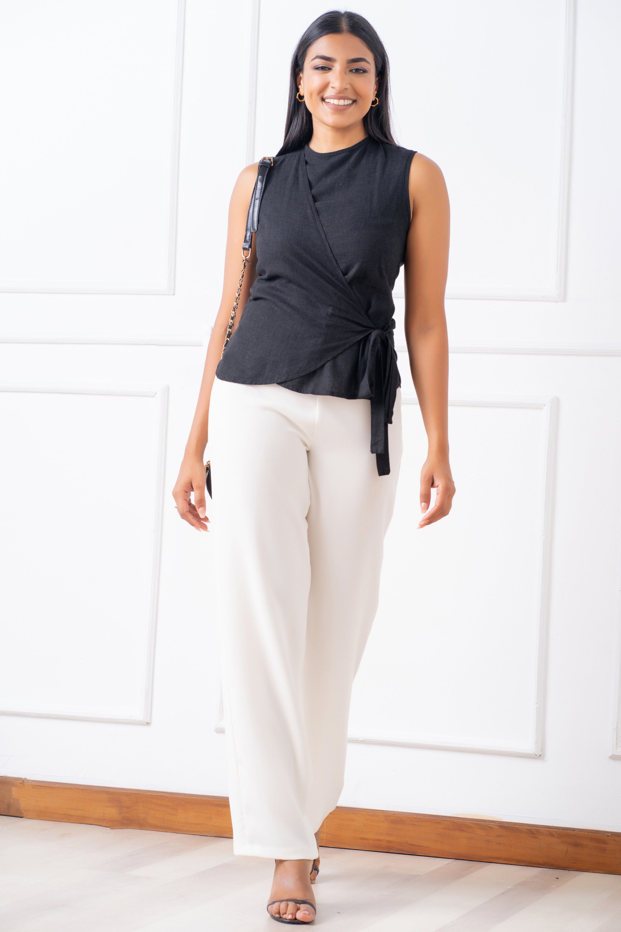 Black Linen Wrap Top - Slim Fit