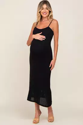 Black Open Knit Crochet Maternity Midi Dress