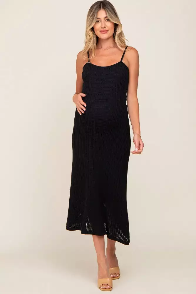 Black Open Knit Crochet Maternity Midi Dress