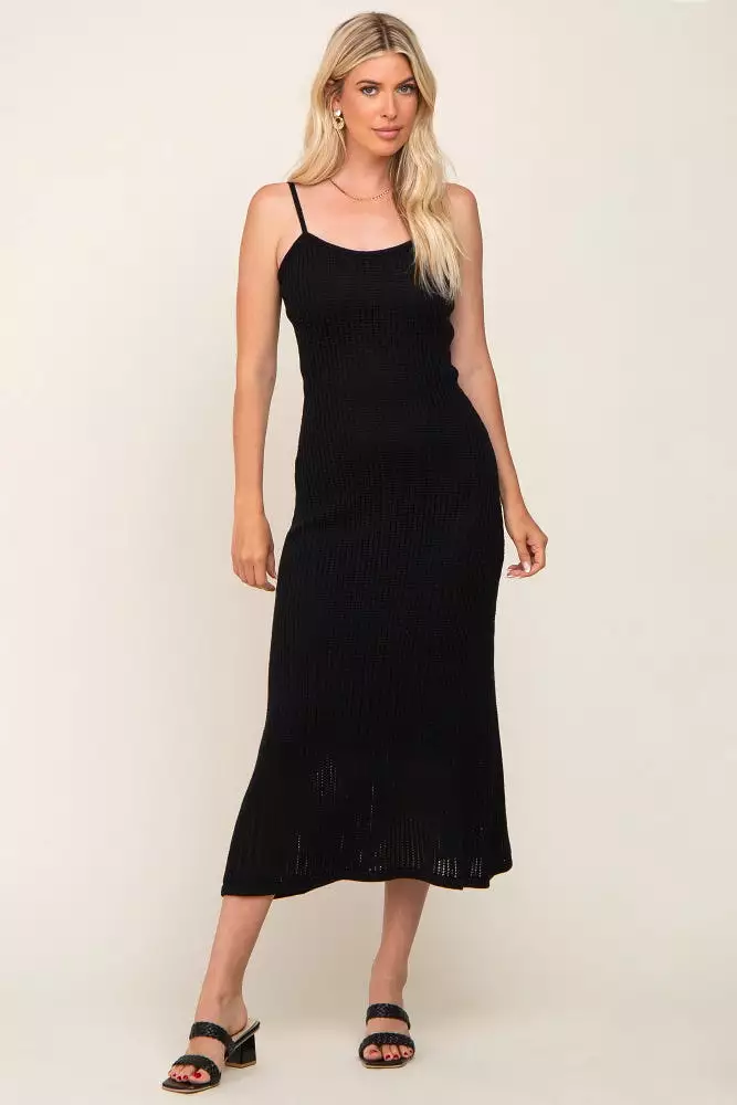 Black Open Knit Crochet Maternity Midi Dress