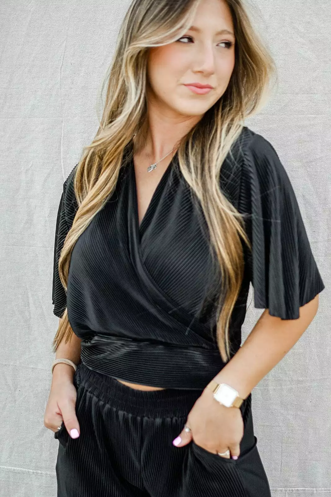 Black Pleated Set Wrap Top