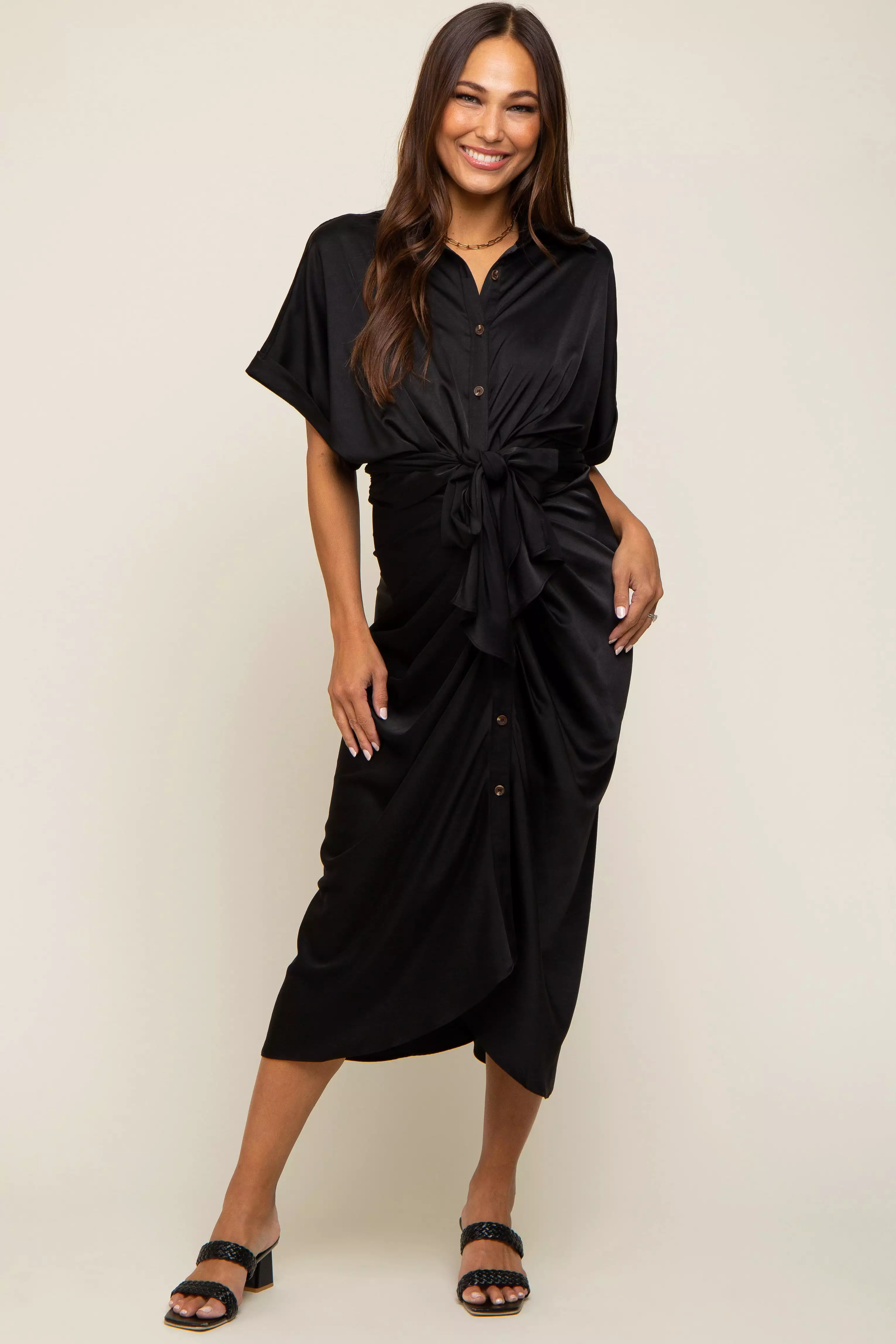 Black Satin Button Down Gathered Maternity Midi Dress