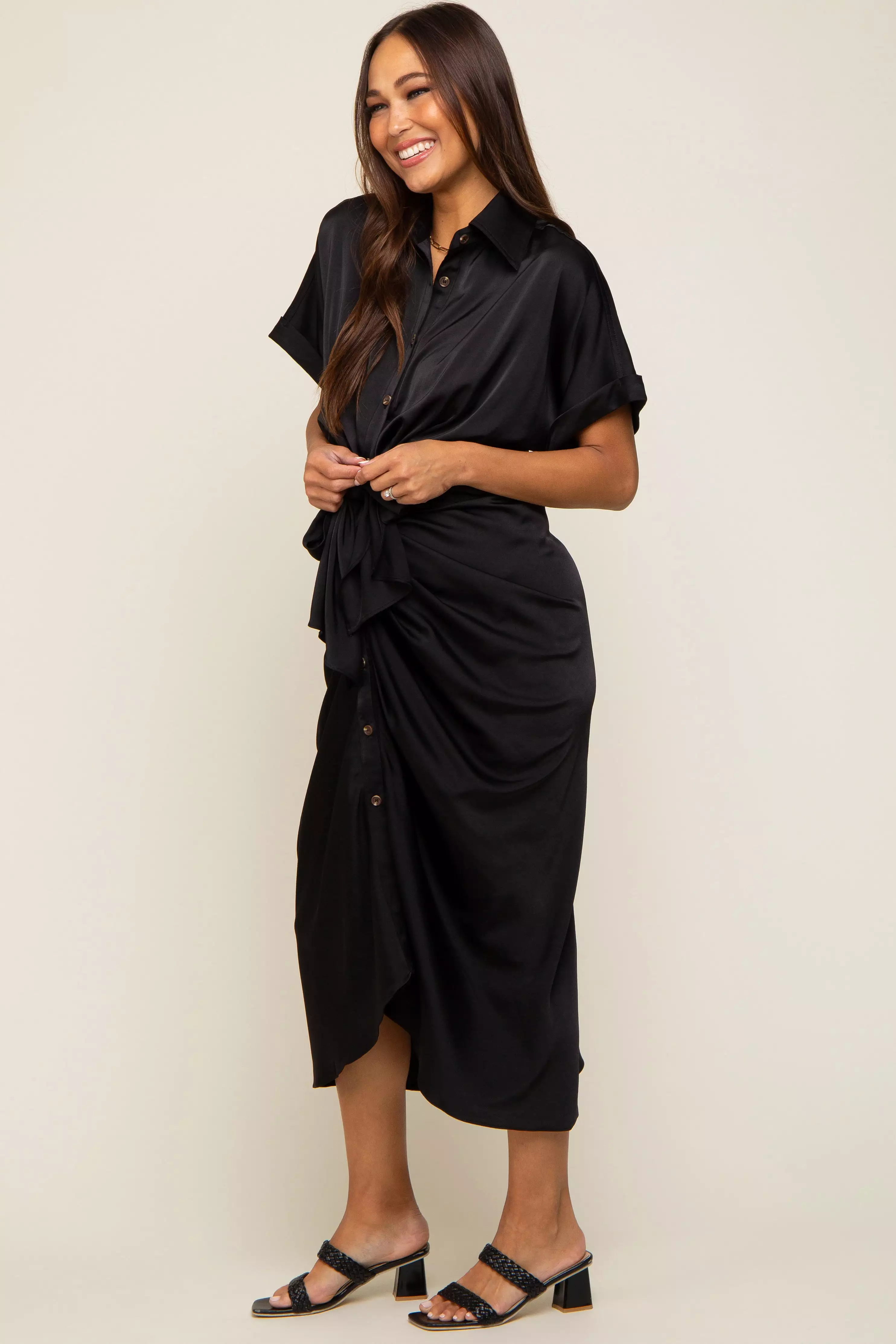 Black Satin Button Down Gathered Maternity Midi Dress