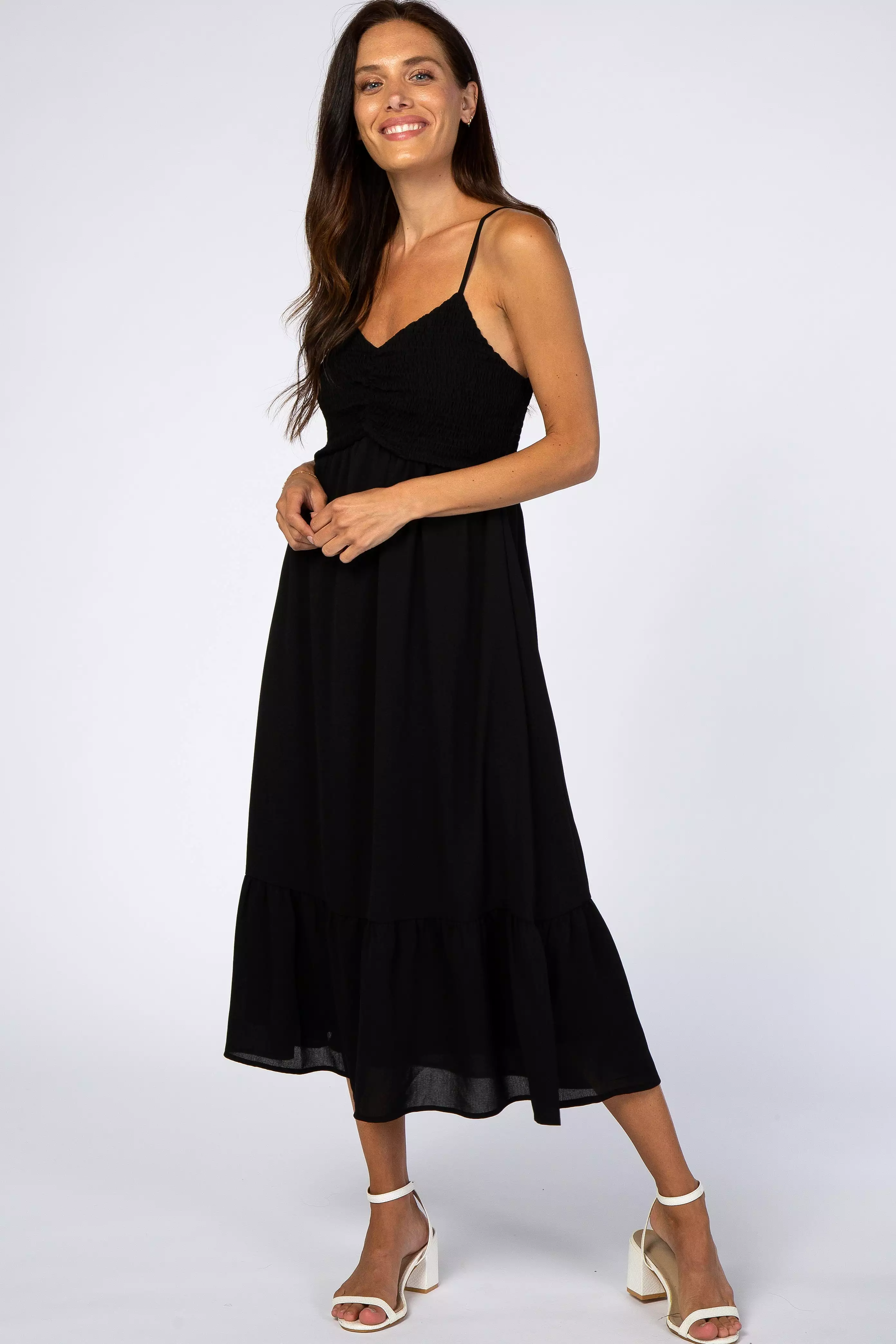 Black Smocked Chiffon Maternity Midi Dress