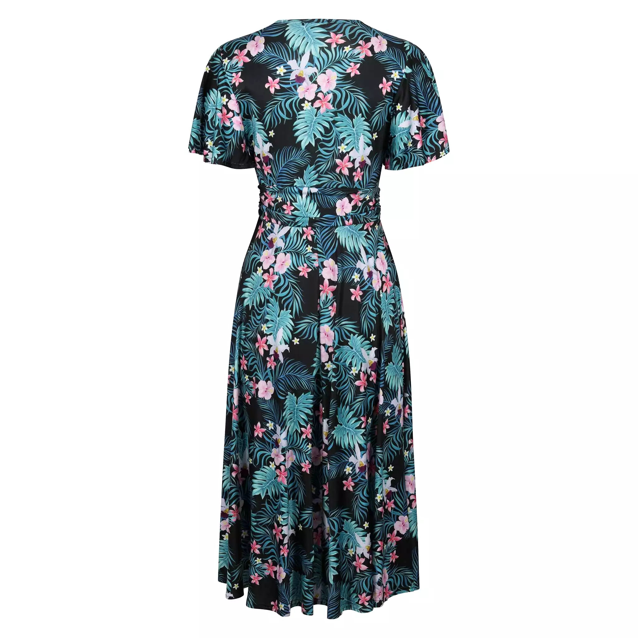 Black Tropical Floral Print Cap Sleeve V Neck Wrap Top Swing Dress