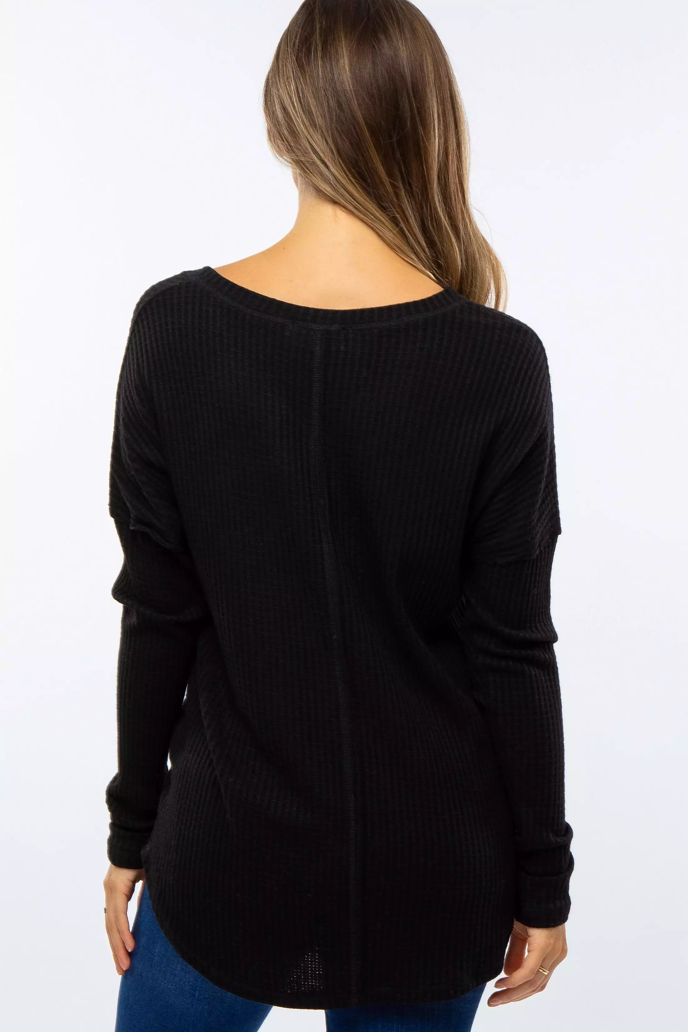 Black Waffle Knit Long Sleeve Maternity Top