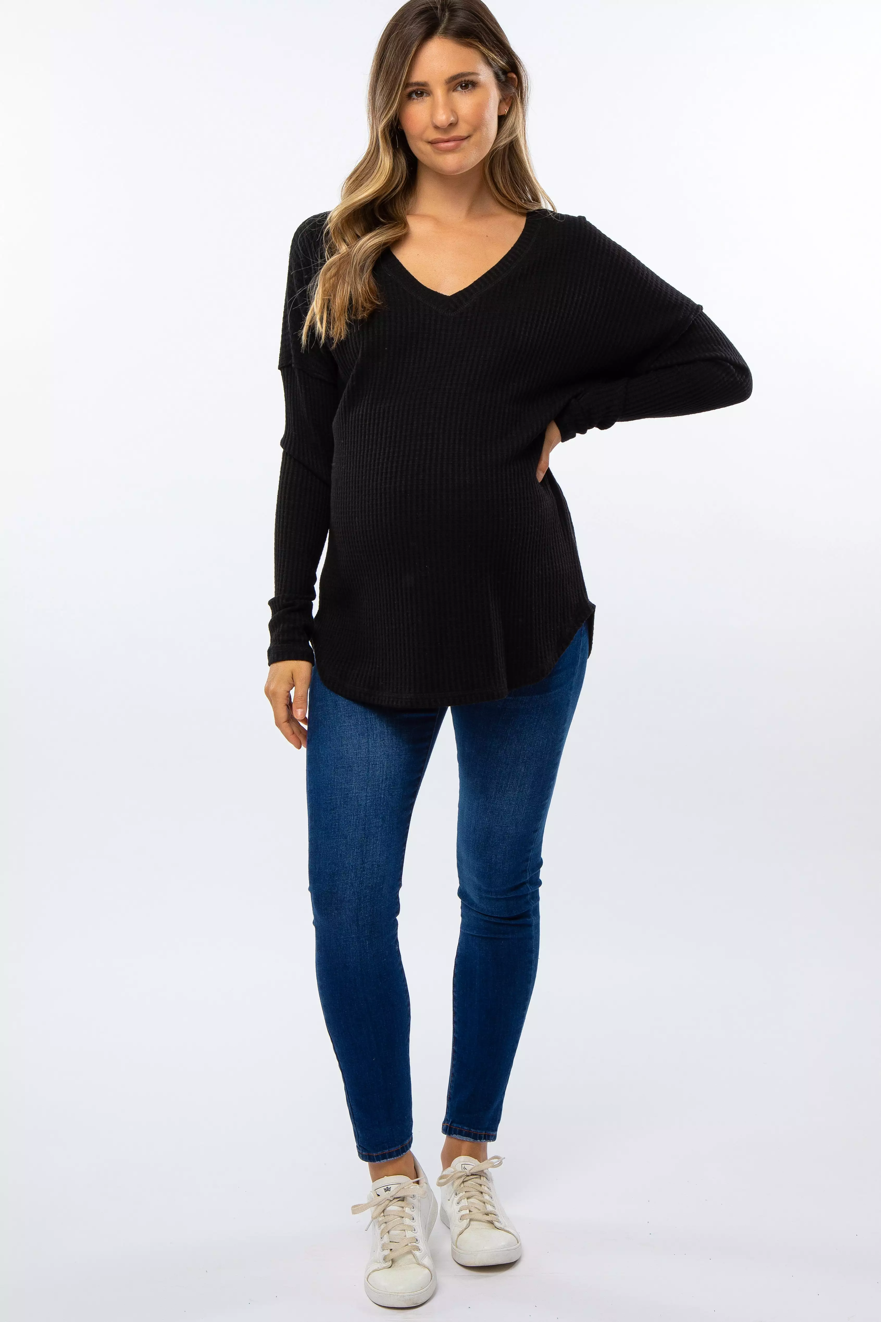 Black Waffle Knit Long Sleeve Maternity Top