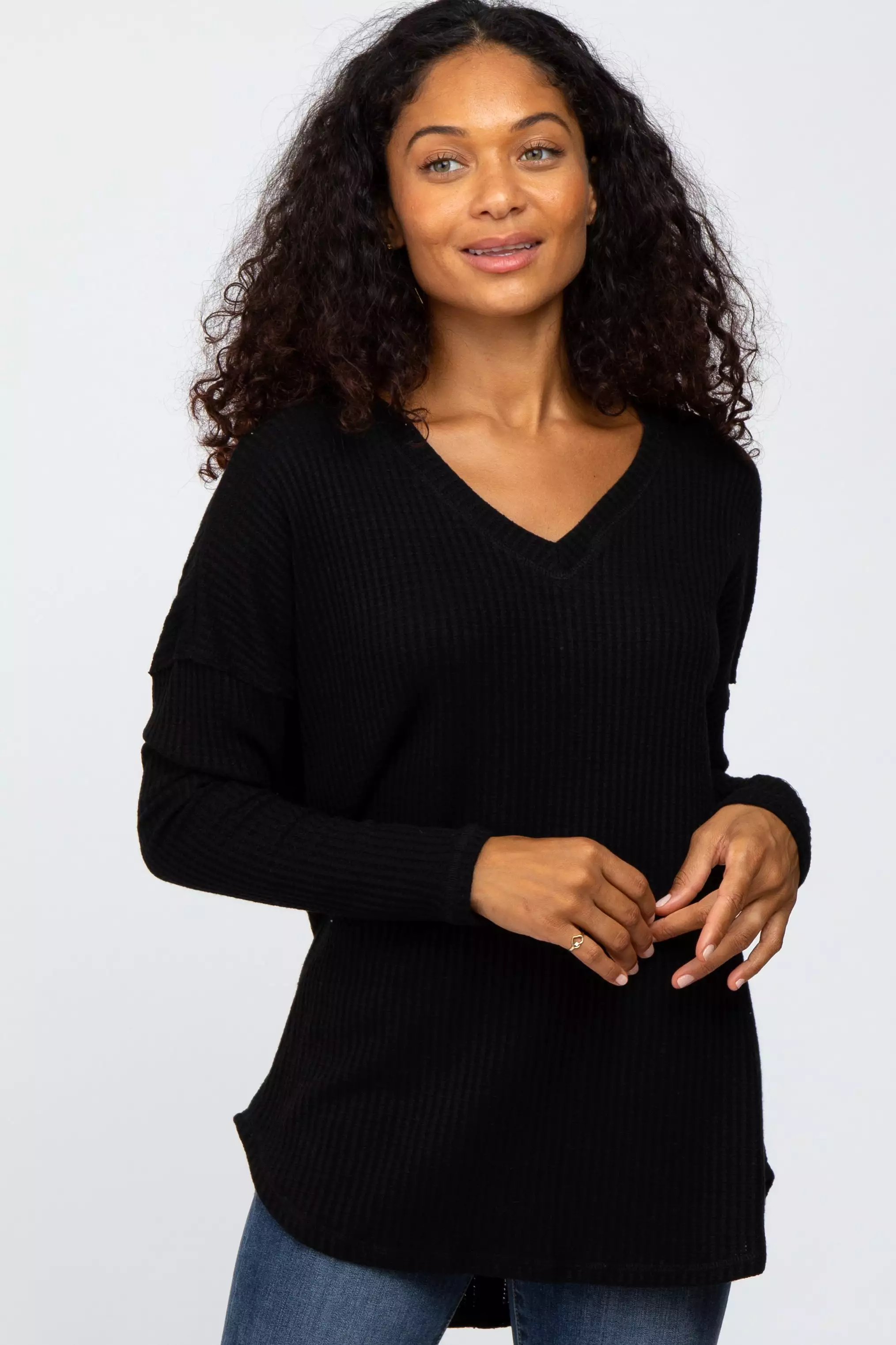 Black Waffle Knit Long Sleeve Maternity Top