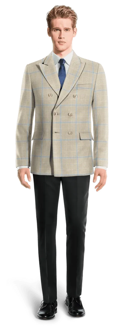  Blazer doble botonadura beige de algodón-lino príncipe de gales ligera