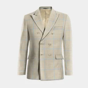  Blazer doble botonadura beige de algodón-lino príncipe de gales ligera