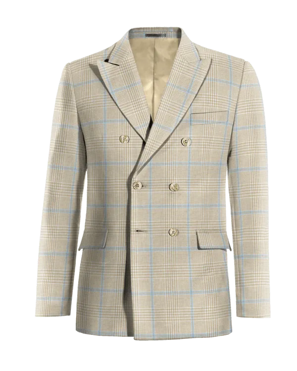  Blazer doble botonadura beige de algodón-lino príncipe de gales ligera