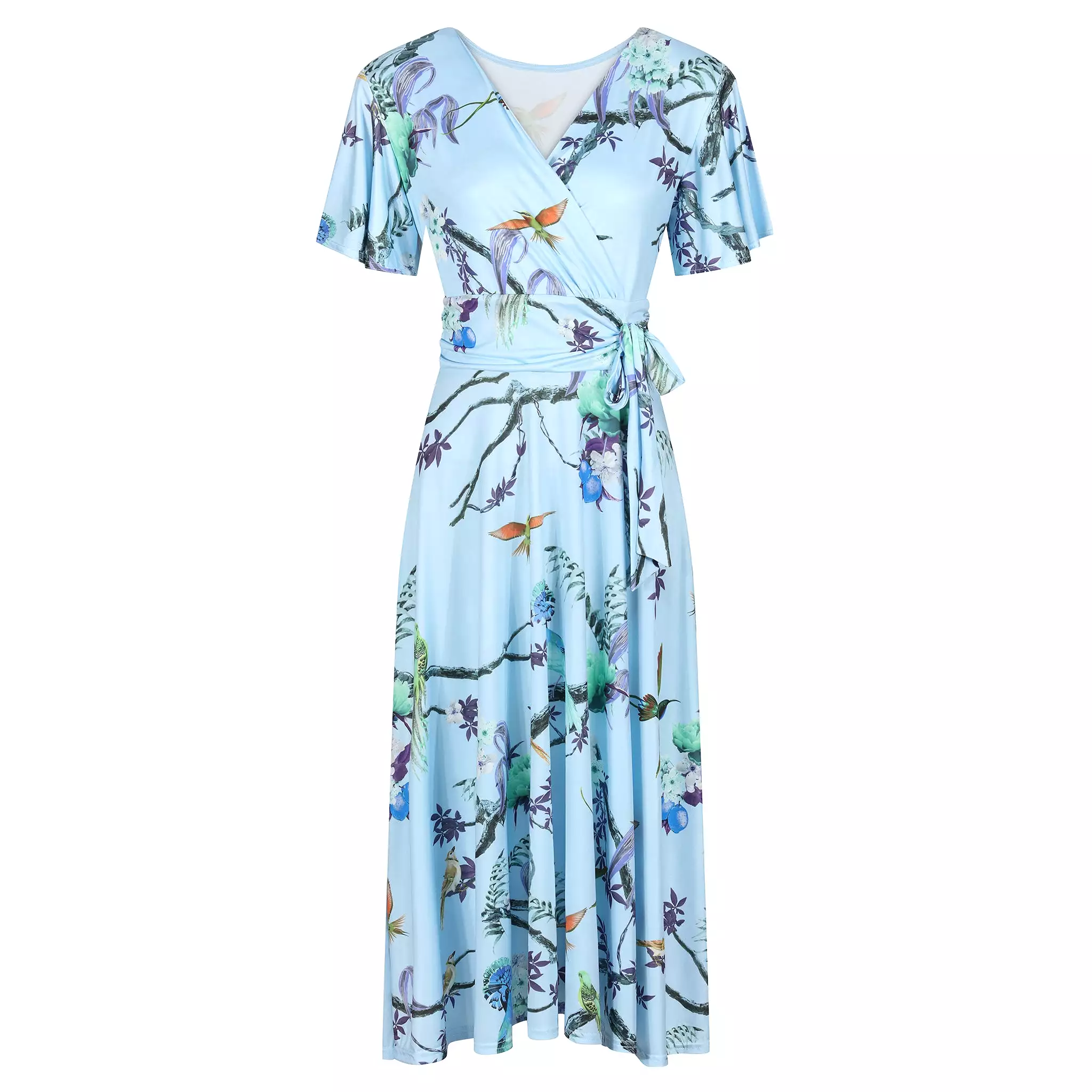 Blue Floral Bird Print Cap Sleeve V Neck Wrap Top Swing Dress