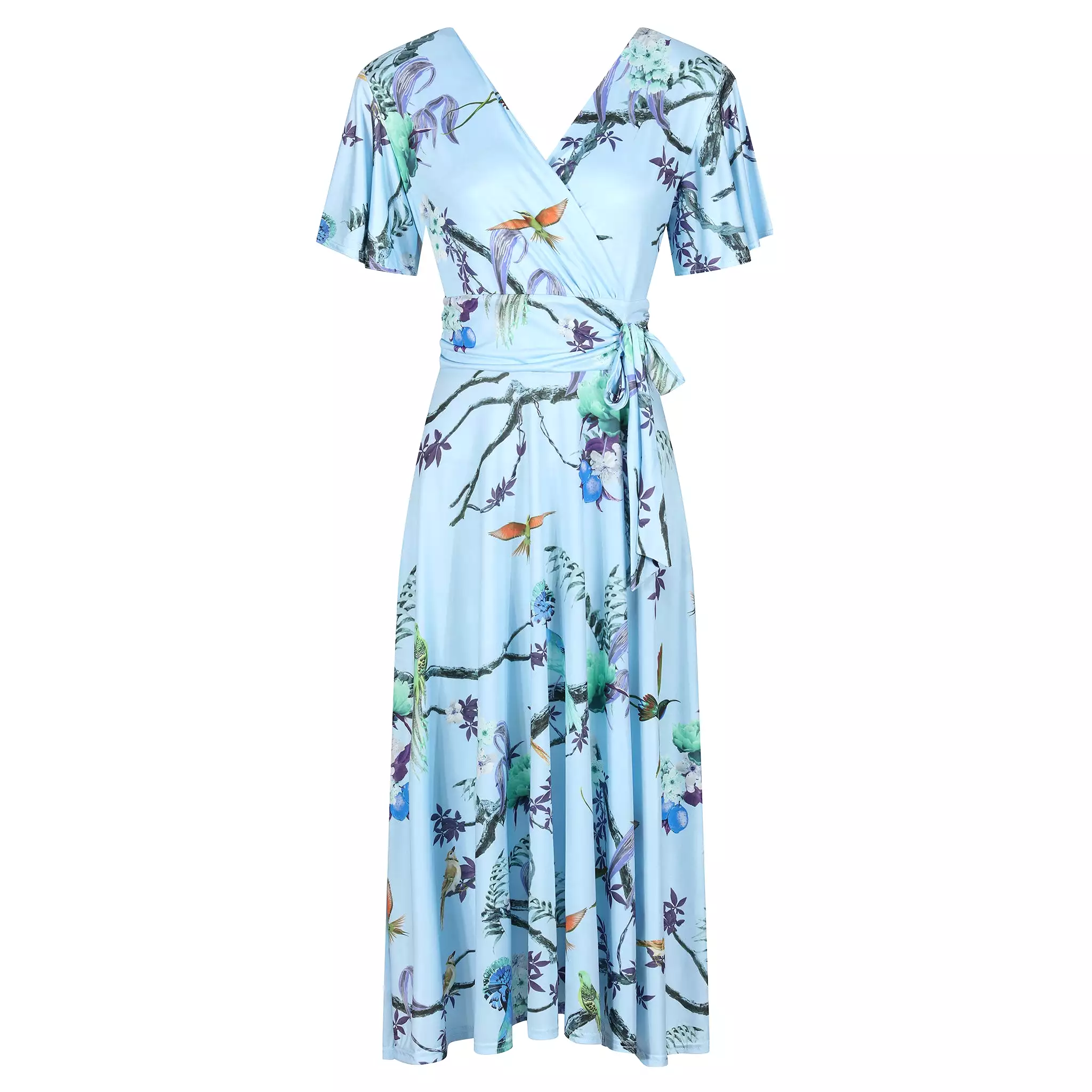 Blue Floral Bird Print Cap Sleeve V Neck Wrap Top Swing Dress