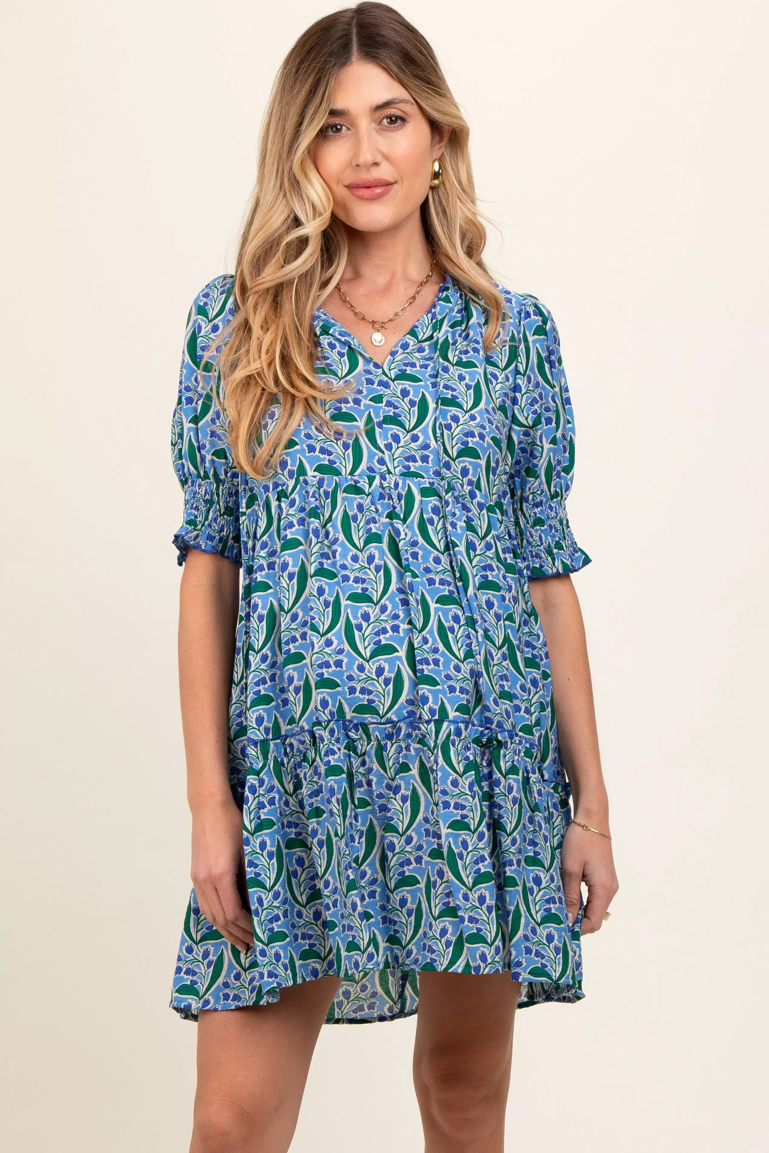 Blue Floral Front Tie Puff Sleeve Maternity Dress