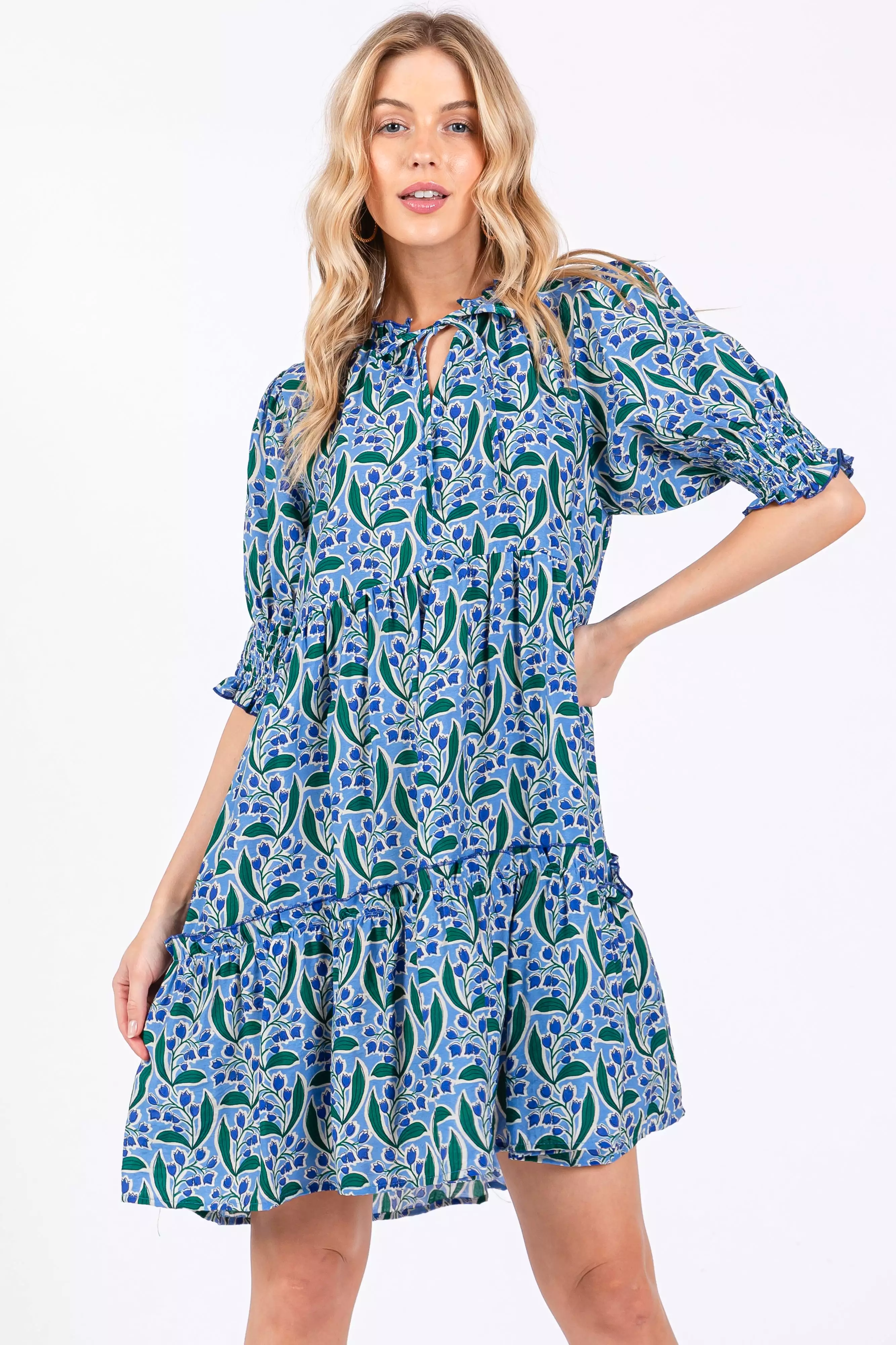 Blue Floral Front Tie Puff Sleeve Maternity Dress