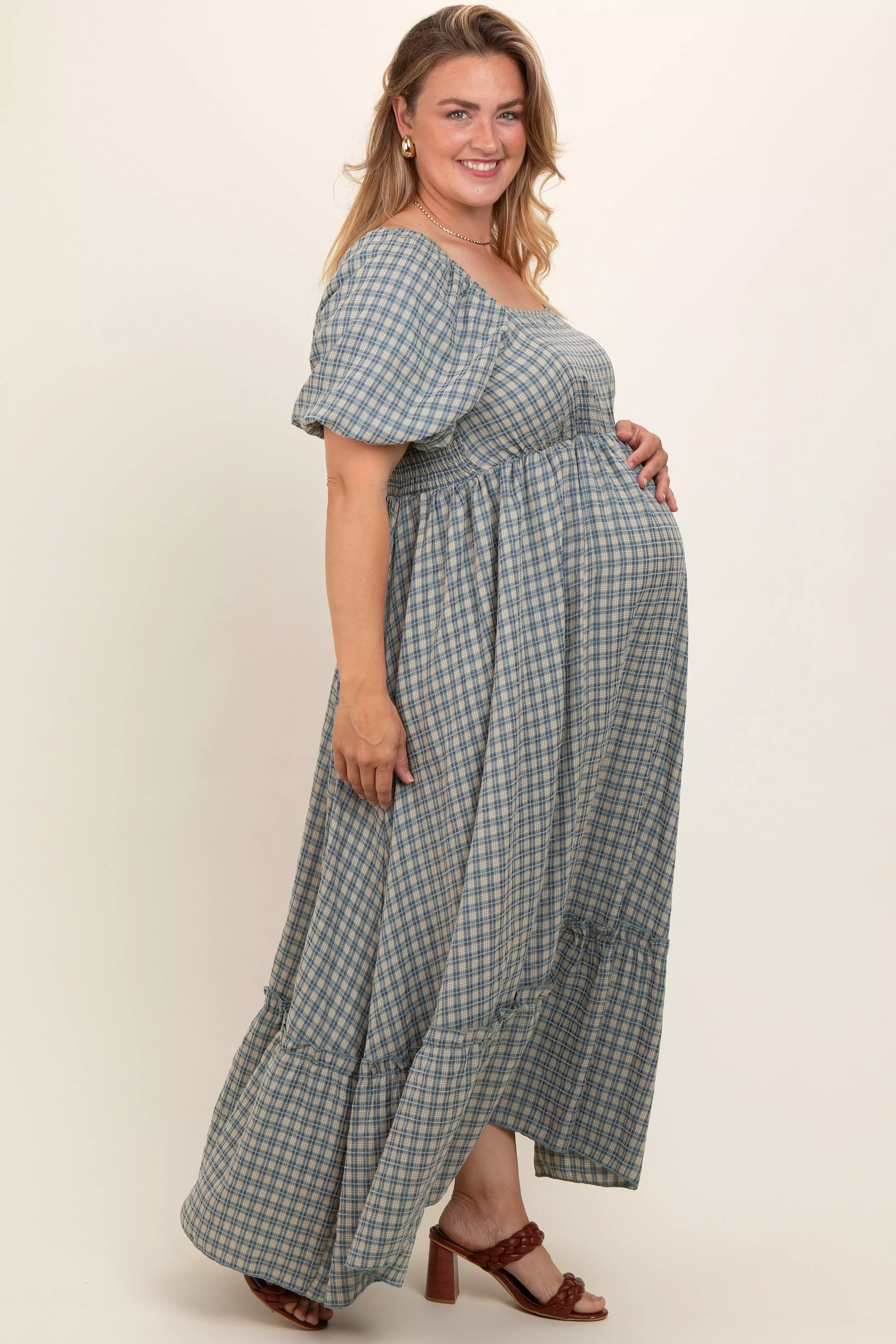 Blue Plaid Puff Sleeve Maternity Plus Maxi Dress