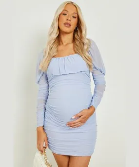 boohoo Womens Maternity Puff Sleeve Ruched Mesh Mini Dress