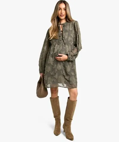 boohoo Womens Maternity Tie Front Burn Out Long Sleeve Smock Dress