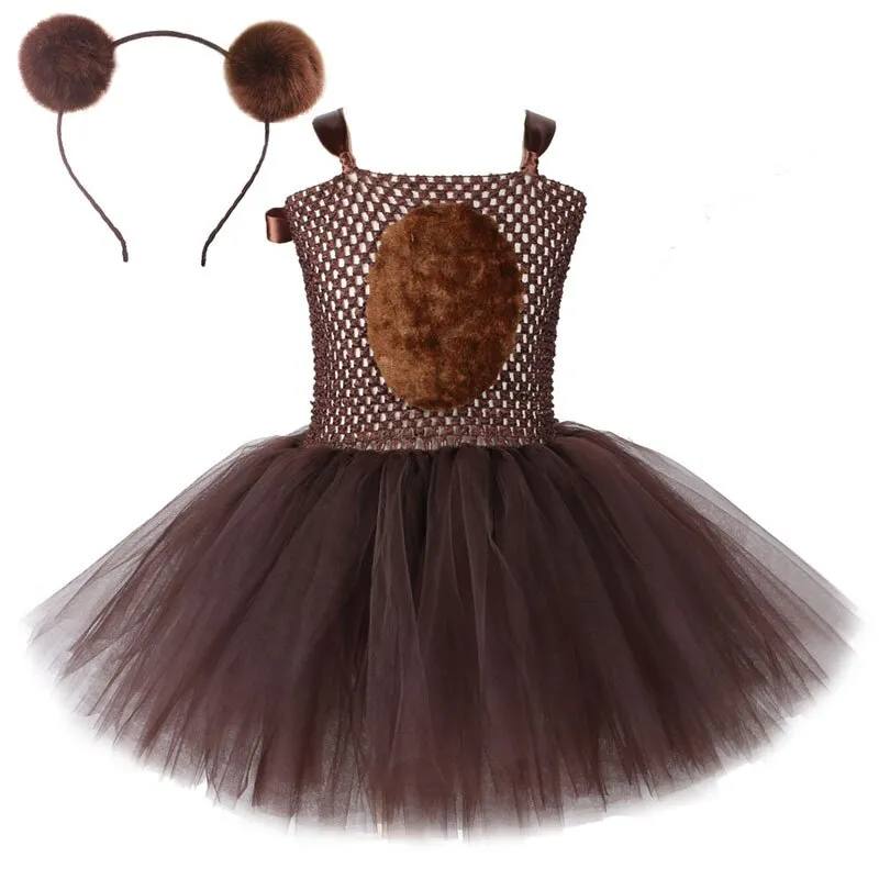 Brown Bear Baby Girls Tutu Dress with Headband Animal Halloween Costumes for Kids Toddler Tulle Outfits Birthday Party Dresses