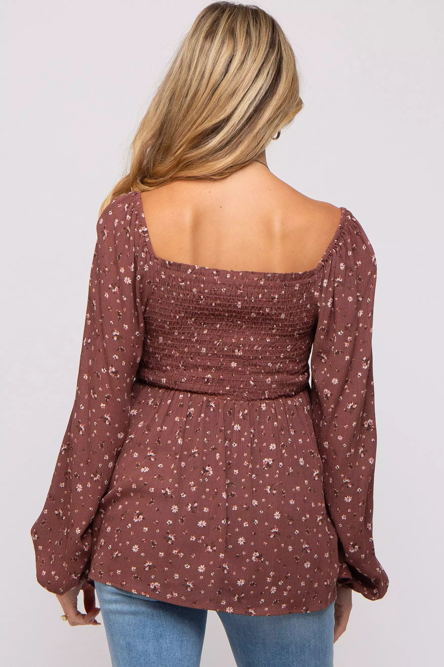 Brown Floral Smocked Long Sleeve Maternity Top