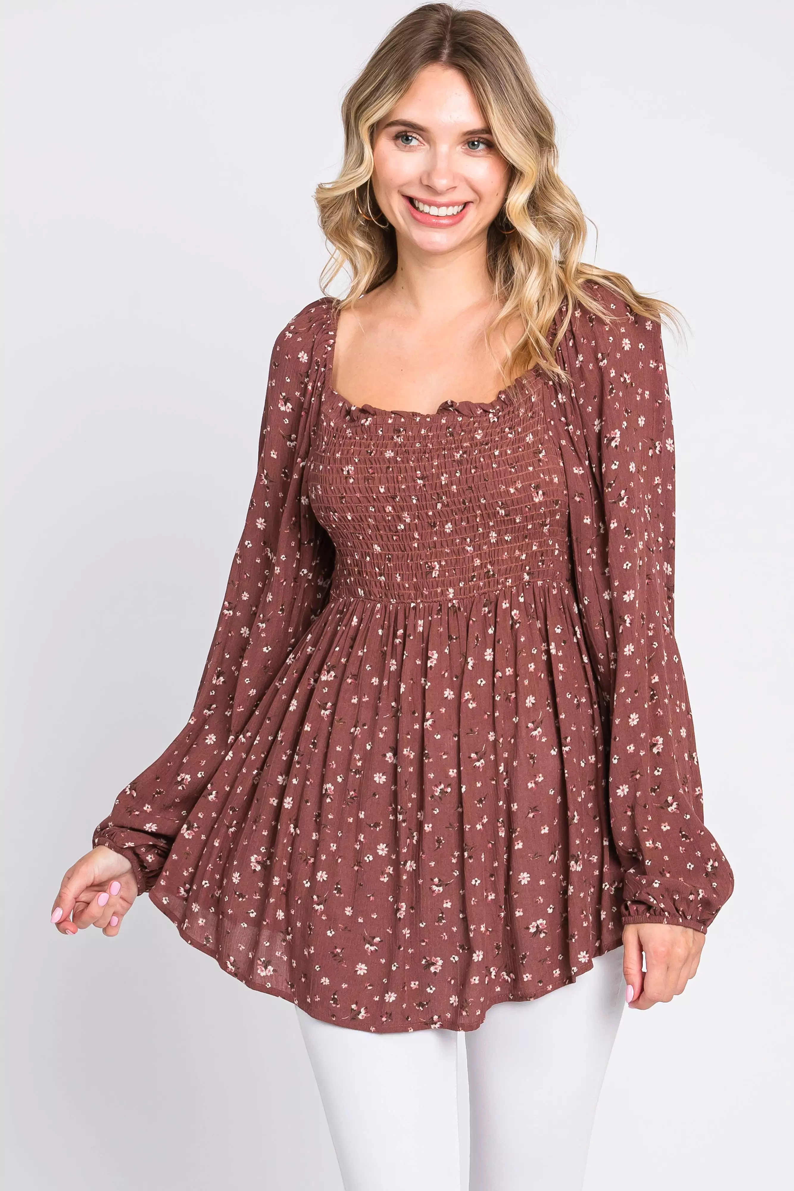 Brown Floral Smocked Long Sleeve Maternity Top