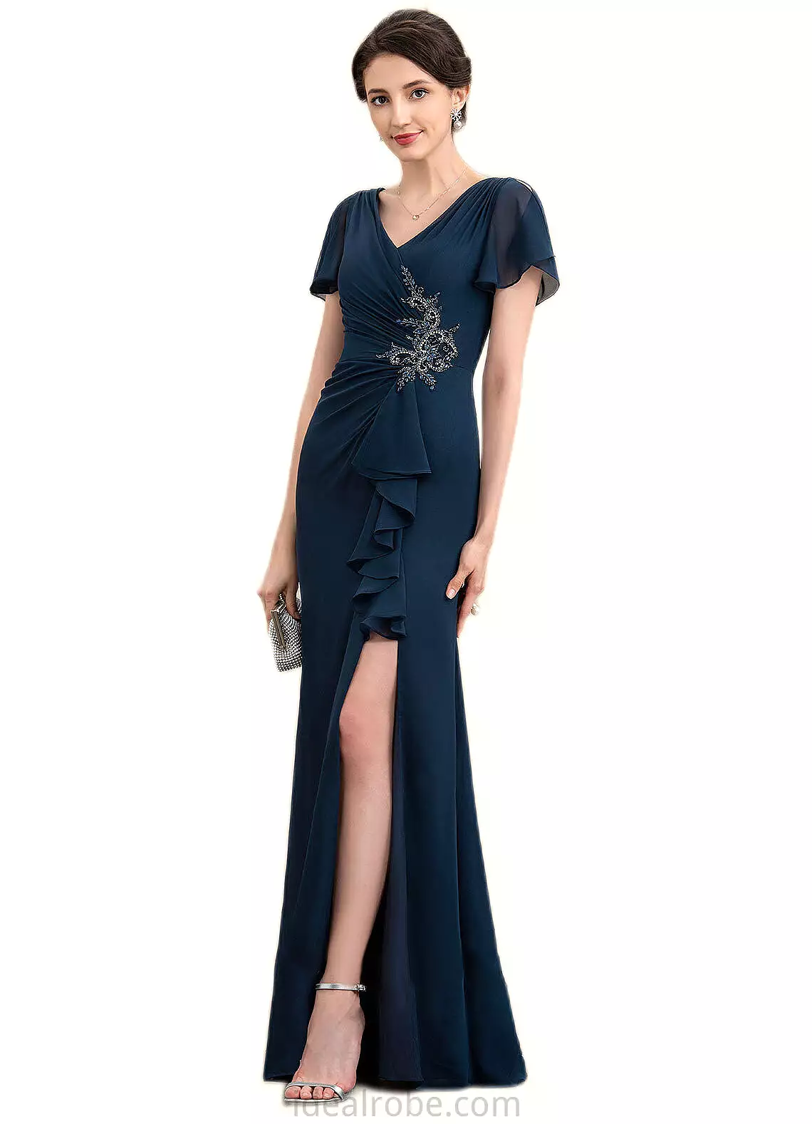 Callie Sheath/Column V-neck Floor-Length Chiffon Mother of the Bride Dress With Beading Split Front Cascading Ruffles STK126P001