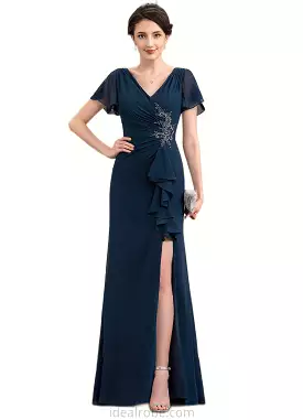 Callie Sheath/Column V-neck Floor-Length Chiffon Mother of the Bride Dress With Beading Split Front Cascading Ruffles STK126P001