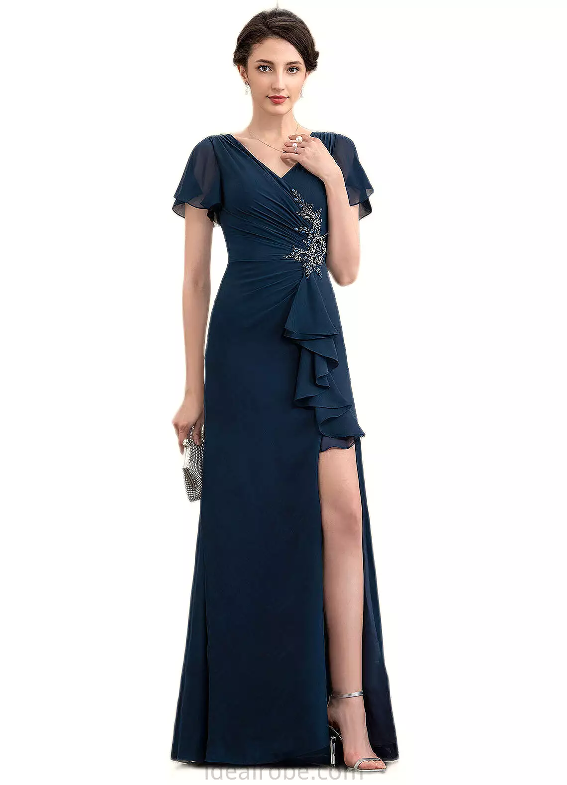 Callie Sheath/Column V-neck Floor-Length Chiffon Mother of the Bride Dress With Beading Split Front Cascading Ruffles STK126P001