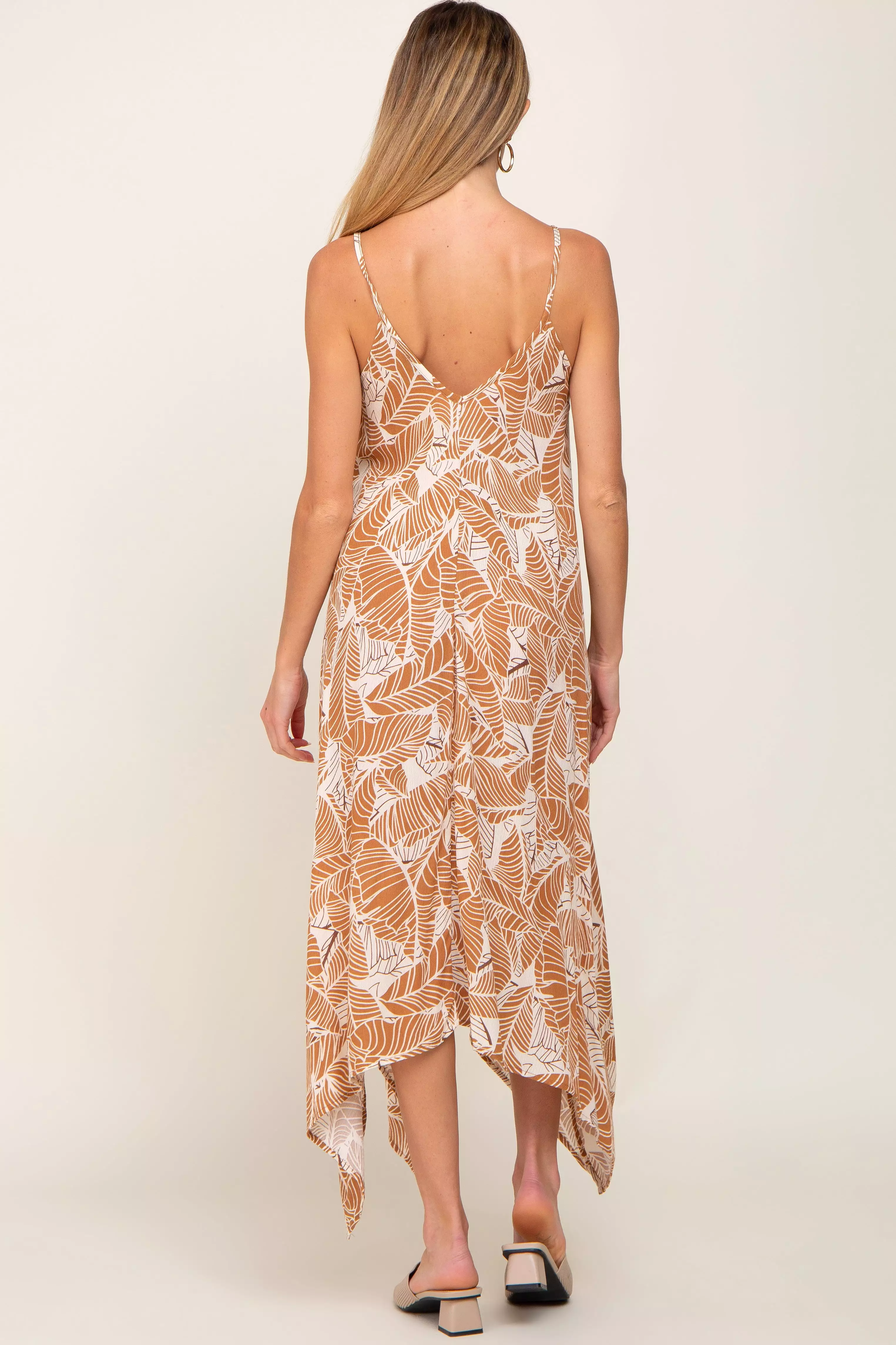 Camel Leaf Print Handkerchief Maternity Midi Dress