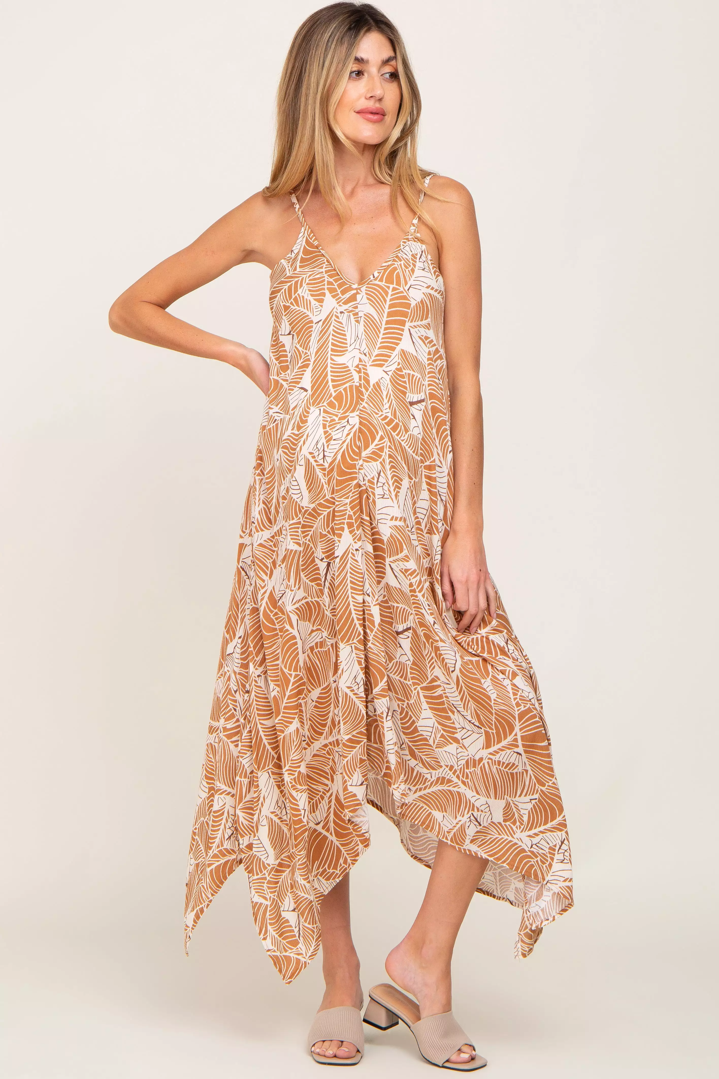 Camel Leaf Print Handkerchief Maternity Midi Dress