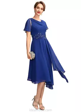 Carlie A-Line Scoop Neck Asymmetrical Chiffon Mother of the Bride Dress With Beading Appliques Lace Cascading Ruffles STK126P001