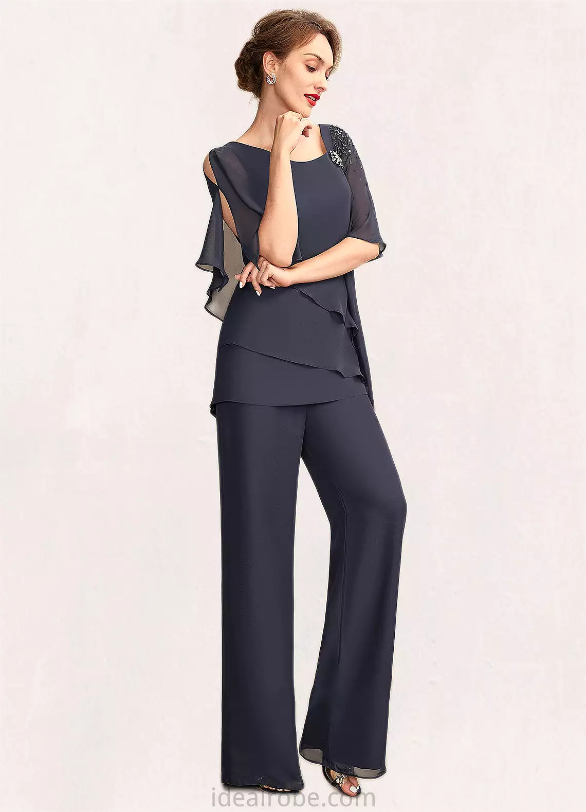 Cassidy Jumpsuit/Pantsuit V-neck Floor-Length Chiffon Mother of the Bride Dress With Beading Sequins Cascading Ruffles STK126P00