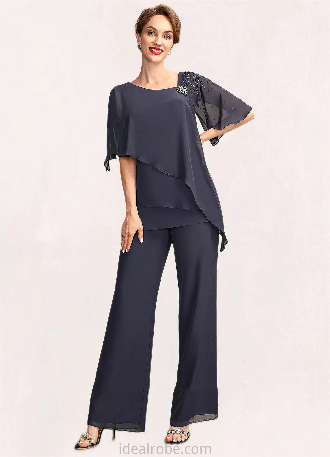 Cassidy Jumpsuit/Pantsuit V-neck Floor-Length Chiffon Mother of the Bride Dress With Beading Sequins Cascading Ruffles STK126P00