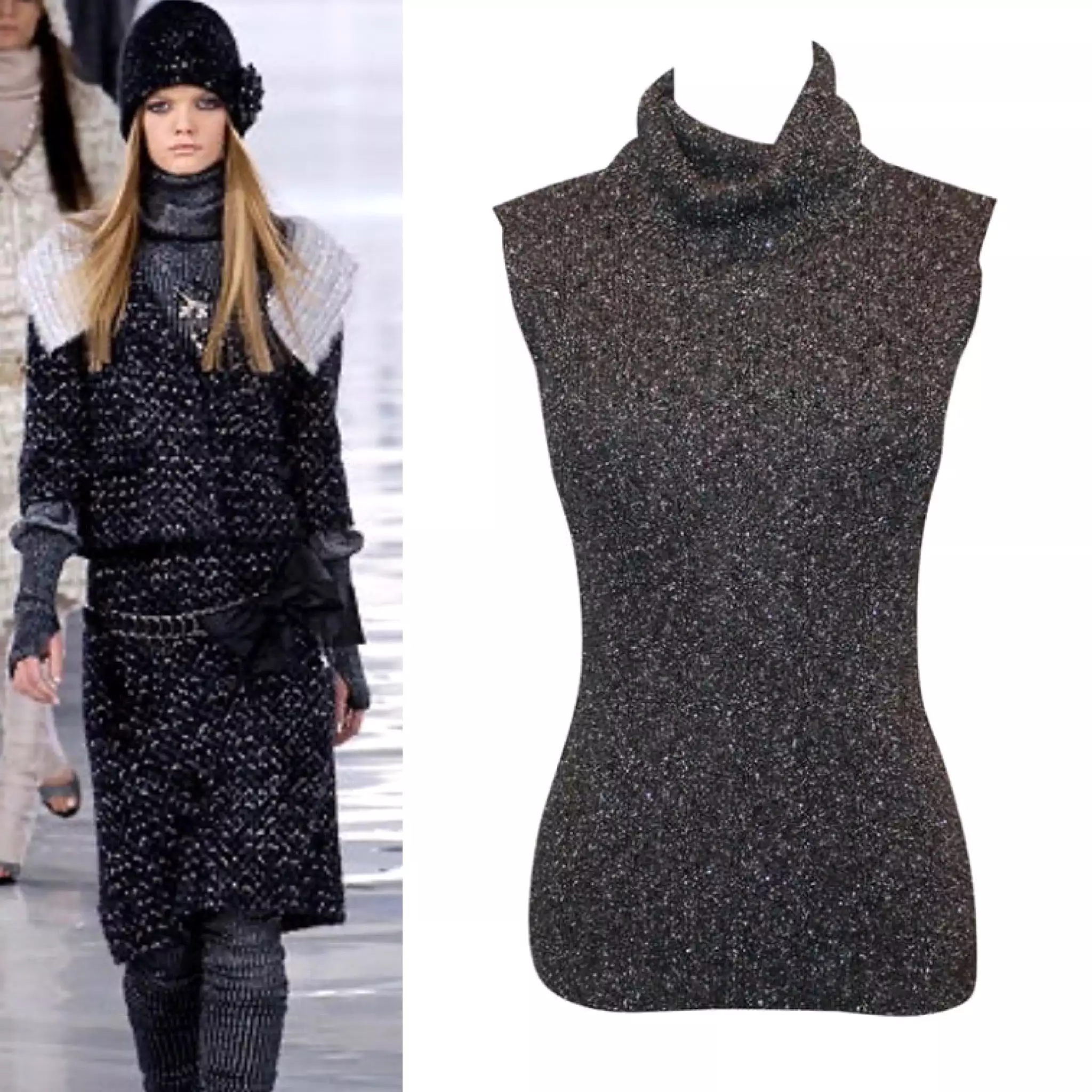 Chanel 05A 2005 Fall Gray Metallic Knit Sleeveless Turtleneck Sweater Top FR 38