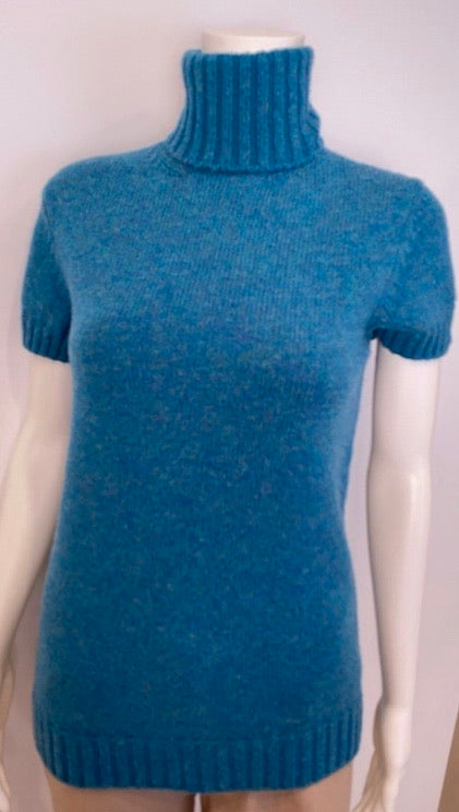 Chanel 07A 2007 Fall Short Sleeve Turquoise Pullover Turtleneck Sweater Top Blouse FR 40 US 6/8