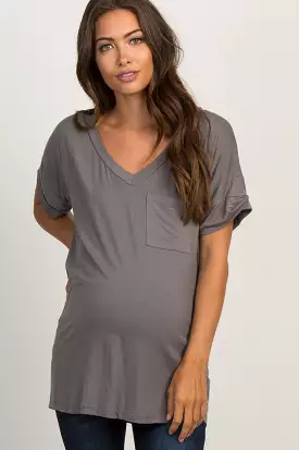 Charcoal Grey Basic V-Neck Pocket Maternity Top